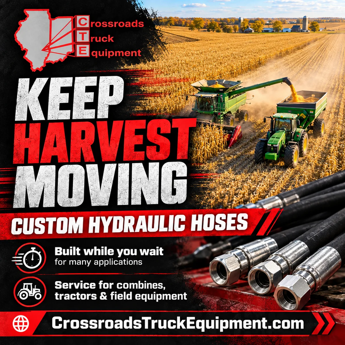 Custom hydraulic hoses for harvest equipment
