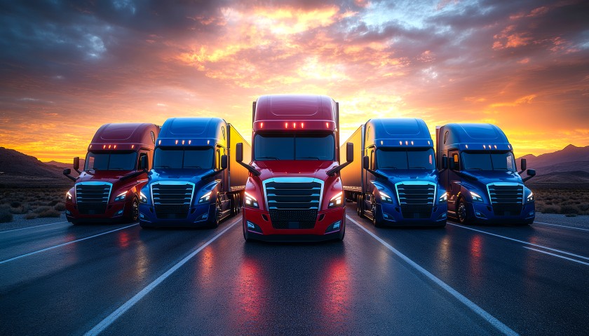Fleet of semi trucks lined up on a road at sunset