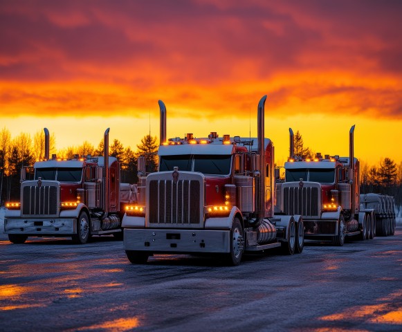 Three heavy-duty semi trucks at sunset
