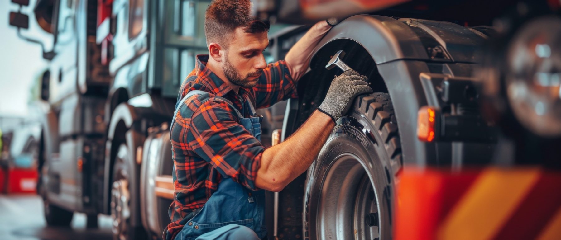 Mechanic repairing a semi truck wheel
