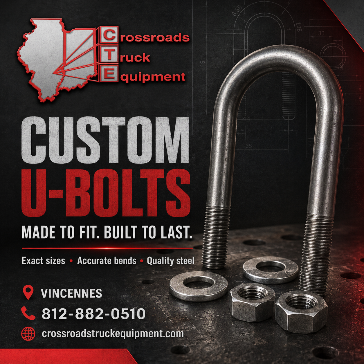 Custom U-bolts made by Crossroads Truck Equipment in Vincennes